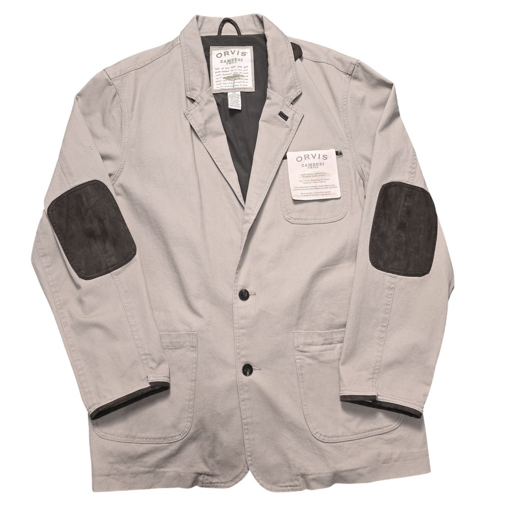Orvis Zambezi Twill Men 46L Khaki Cotton Sport Coat Field Jacket Elbow Patch NWT